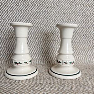 1996 Longaberger Pottery Traditional Holly 5" Candle Stick Holders